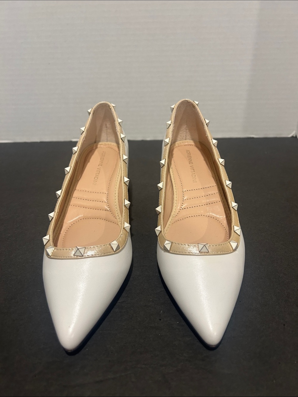 Adrienne Vittadini Stud-Trim Pointed Toe Women’s Pumps in White & Nude-Size 7.5